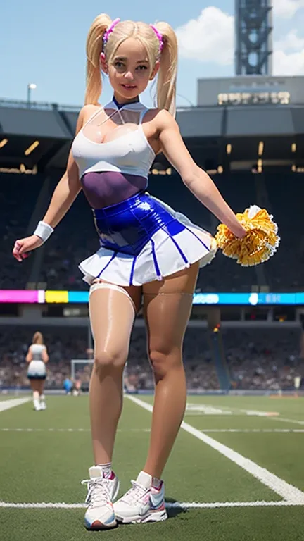  ((1  girl)),cheerleader costume,Shiny transparent clear  tan pantyhose,Cheerleader at a sports game, full body shot, Widehips, white sneakers, micro skirt, full view, short high twintails, leaning back full body shot ,full shot slim waist, very wide hips ...