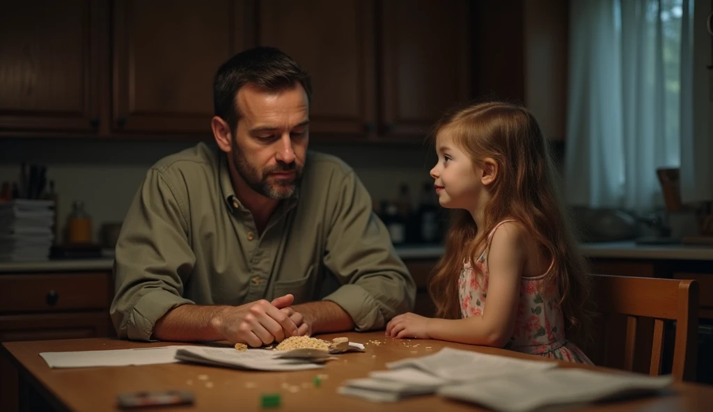 
A small, modest home with a single father and his young daughter at the dining table. The table has only a nearly empty box of cereal and one bowl. The father looks tired, wearing a wrinkled shirt, while the  watches him with big, curious eyes. The room i...