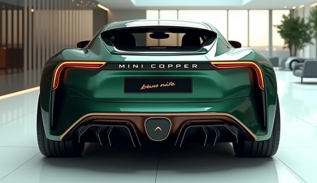 An ultra-realistic image  of back view with  Aggressive back with mini copper logo of a futuristic 2025 Mini Copper The car features a large, imposing, kand aerodynamic design shiny dark green and shiny extrior. Aggressive back view end has a wide, aggress...