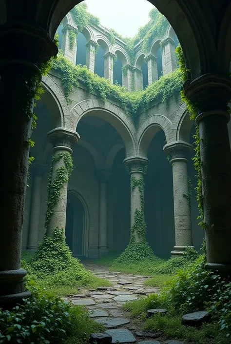 "A ruined, overgrown church with collapsed stone walls, broken pillars, and vines creeping everywhere. The atmosphere is dark and haunting, with dramatic lighting. Dark fantasy style, highly detailed textures."