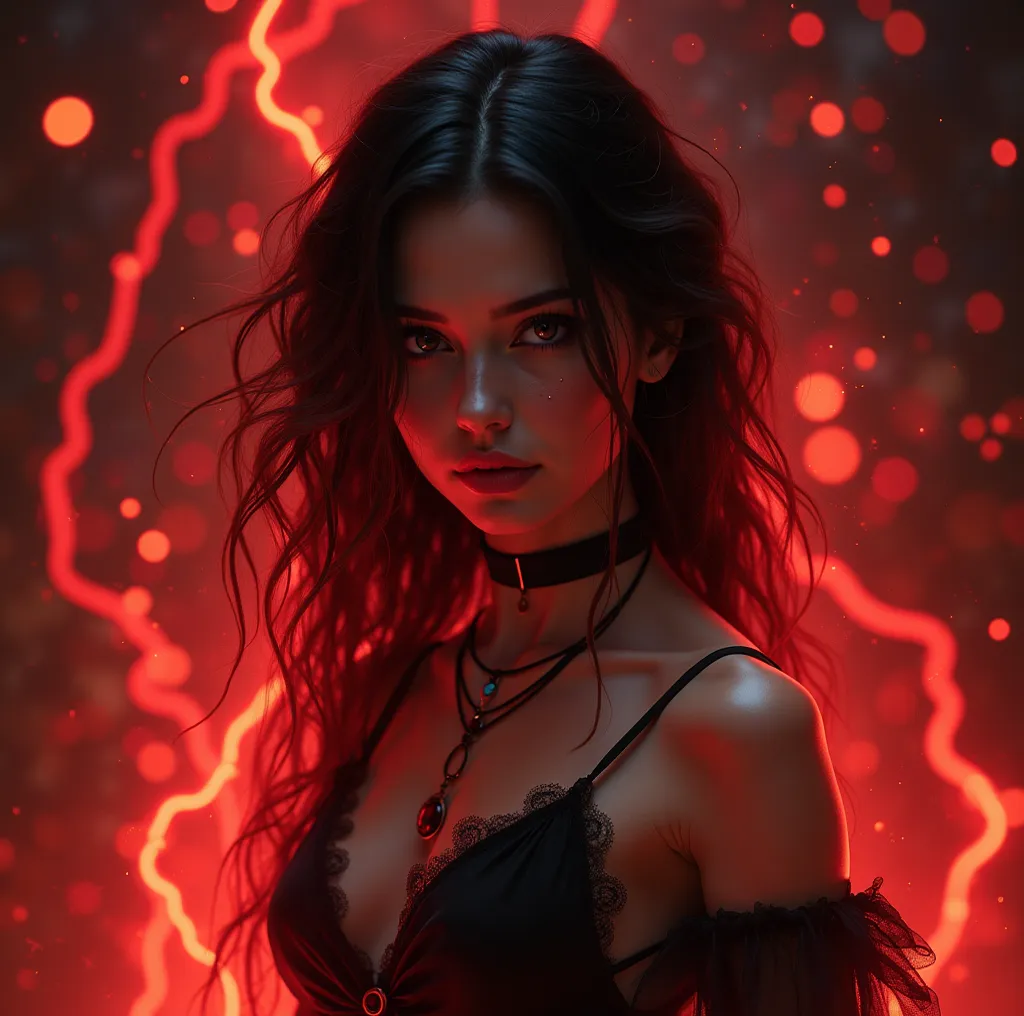 beutiful girl Energy magique red in electricity, Black hair with red Enderline