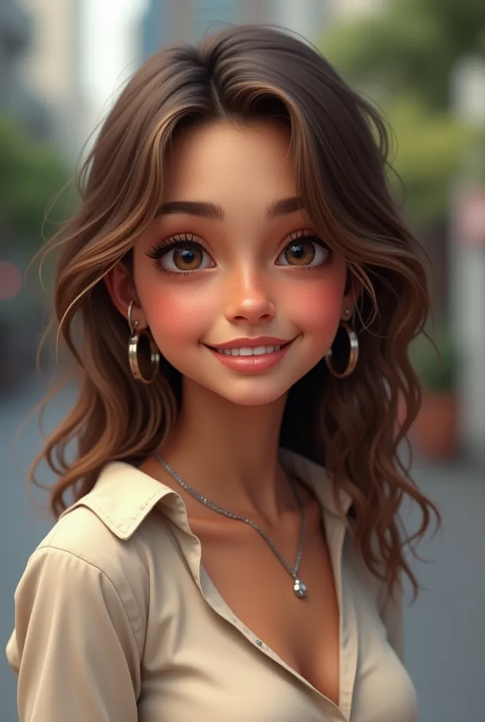 Create a realistic image of a Brazilian girl between 18 and 23 years old. She has typical Brazilian features, like slightly tanned skin, wavy brown hair and expressive eyes. His face conveys sympathy and confidence,  with a natural smile.  She is wearing c...