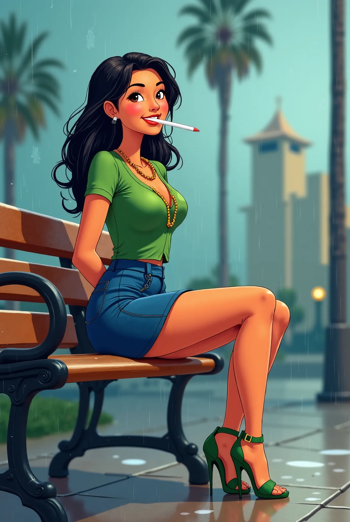 Tip: A very lovely  beautiful Asian American woman being happy alone on a bench in Downtown San Diego in the rain.. The illustration is a high definition illustration with 4k resolution., with highly detailed facial features and cartoon style visuals, gree...