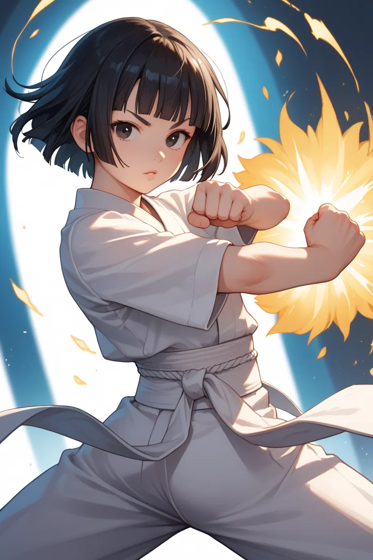 an image of a girl in an anime style outfit standing in front of a massive bolt of light, 1girl, solo, Fighting pose, golden aura of energy surrounds her entire body, black hair, Hair that was reversed, black eyes, Martial arts uniform, looking at viewer, ...