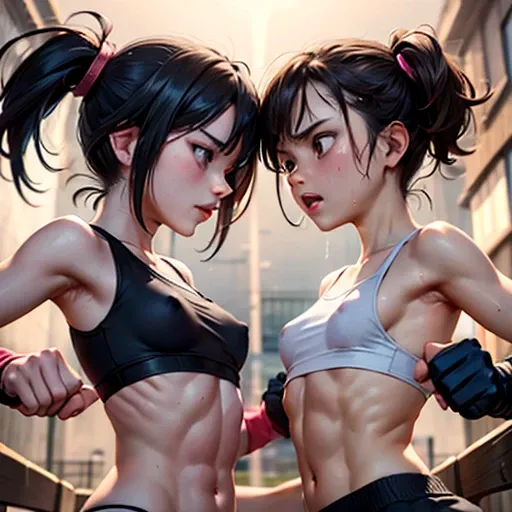 (((dynamic battle action))), (((A male and a female stand squarely facing each other))), (((they are fighting so hard in the back-street))). (((they are punching each other))). (((they are glaring at each other))), a cute Japanese (((girl fighter))) is fig...