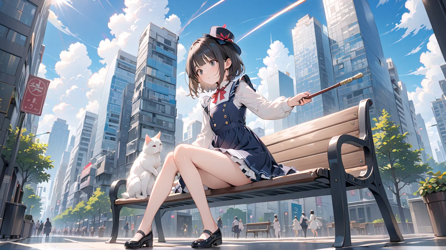 ( best quality ,  high resolution ,  Textured skin , high quality, high detail,  extremely detailed CG unity),One， age girl ， magic 少女，Black short hair，Black Eyes，Small hat，exhausted，fatigue，bend over，Hunchback，Holding a long magic wand，Walking stick ， mag...