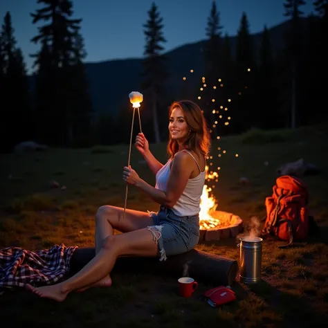 a woman in her 30s with voluptuous breasts with **caramel-brown windswept hair**, sits on a moss-covered fallen log by a crackling campfire at night. She wears **distressed denim shorts** and a **slightly oversized white cotton tank top**, her legs stretch...