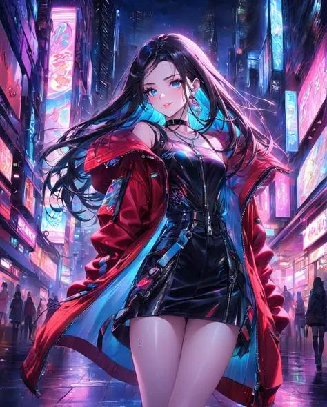 (( style:Colored pencil, Light color)), ( masterpiece:1.2), ((Style: Colored Pencil, Bright Colors)), ( Masterpiece: 1.2), *"A highly detailed anime-style illustration of a beautiful young woman standing in a neon-lit cyberpunk city at night. She has long,...