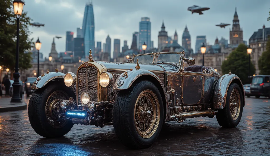 An ultra-detailed, steampunk-inspired retrofuturistic vehicle parked in the middle of a London street at dusk. The vehicle is a mix of mechanical and futuristic designs, featuring exposed brass gears, rotating cogs, polished metallic surfaces, and advanced...