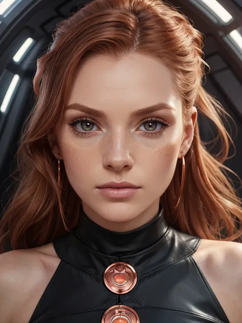 kiper, real skin, segolily nose, futuristic earrings, (narrow face:1.1), slender face, lupine, tribe of ephraim, irish genes, dark hazel eyes, scottish nose, lioness fox, cybercat, (high forehead, freckle:0.8), beady hazel eyes, brown slightly ginger, dark...