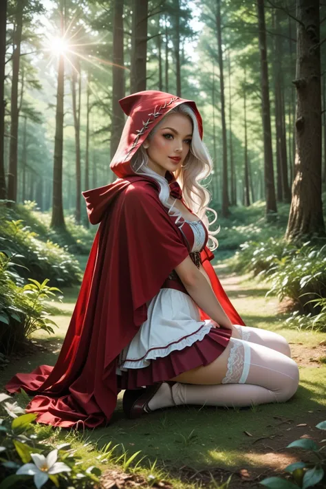  A woman with long white hair,  dressed like Little Red Riding Hood ,  short skirts, long socks, Showing panties, Sitting on her knees and showing her ass,  forest background 