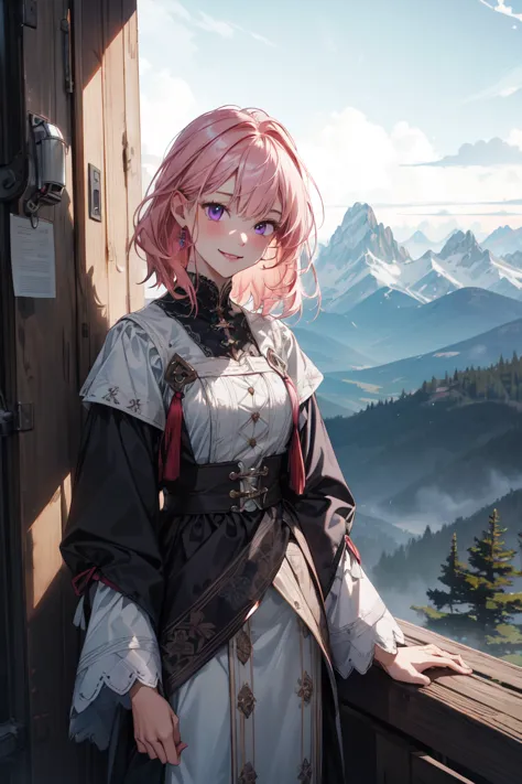 (absurdres, highres, ultra detailed, masterpiece, best quality), cowboy shot, dutch angle, finely detailed eyes and detailed face, intricate details, complex background, cinematic lighting, 1girl, solo, lob hair, pink hair, purple eyes, majestic peaks, rug...