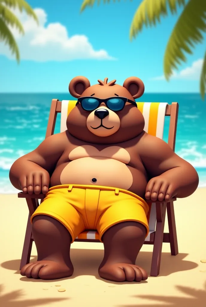 "A large anthropomorphic brown bear lounging on a comfortable beach chair, enjoying the warm sunny day. The bear is wearing stylish sunglasses and bright yellow beach shorts, giving it a relaxed vacation aesthetic. Its muscular yet furry body leans back ca...