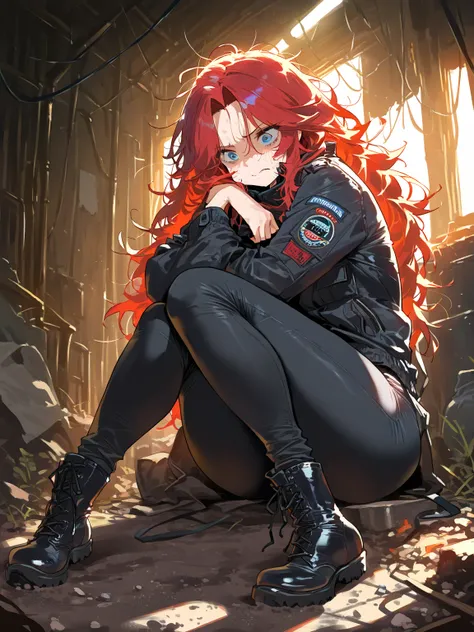 (masterpiece, best quality, amazing quality, very aesthetic, cinematic lighting:1.4,incredibly_absurdres), dirty basement, 1girl\( solo, red hair, long hair, parted bangs, messy hair, red hair, blue eyes, small beasts, black jacket, black pants, black boot...