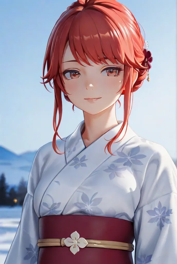 woman is dancing, red short hair , wearing yukata , snowing