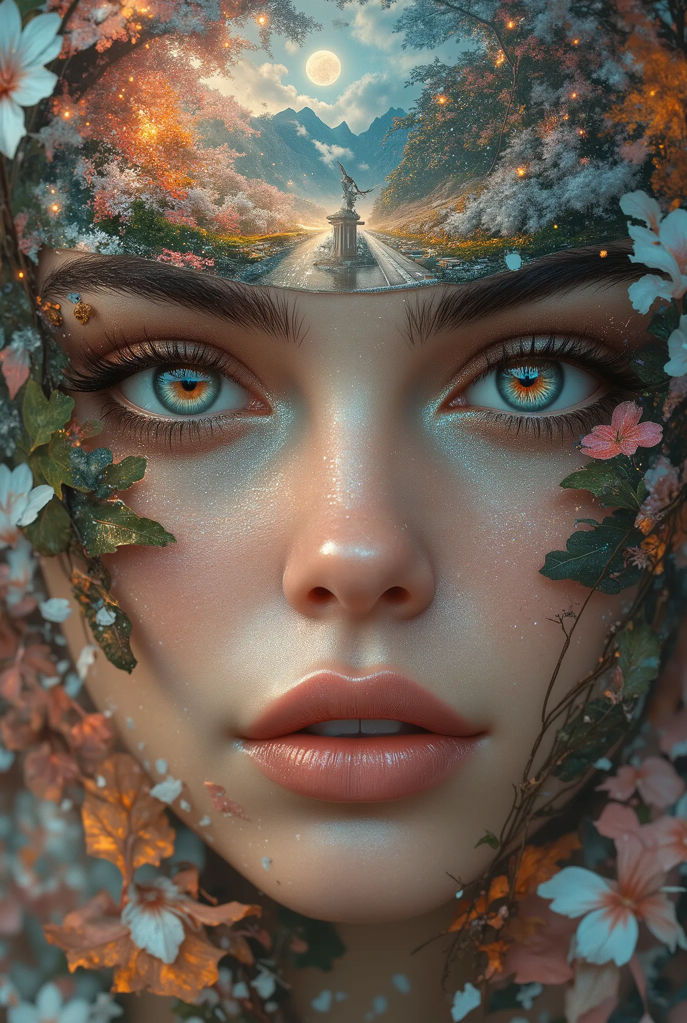 a beautiful french girl in four seasonal landscapes of japan, detailed face, iridescent eyes, high detail, masterpiece, 8k, extremely detailed, hyper realistic, photorealistic, natural lighting, vibrant colors, cinematic lighting, fantasy art, surreal, ser...