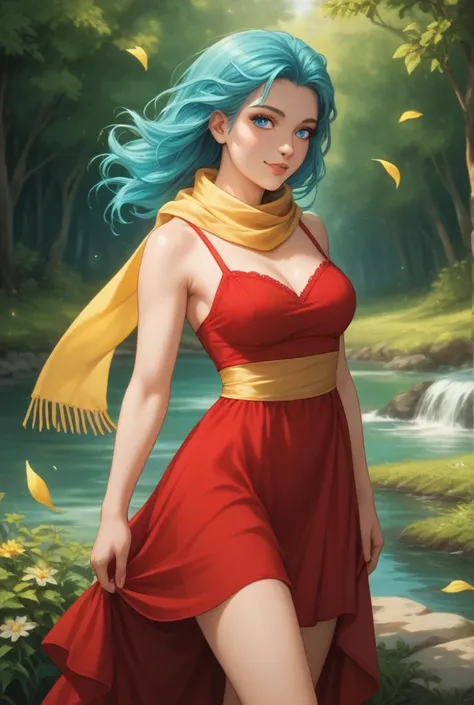  bulma, aqua blue hair, blue eyes,  yellow scarf wrapped around the neck,   red dress ,  yellow boots , trailers .