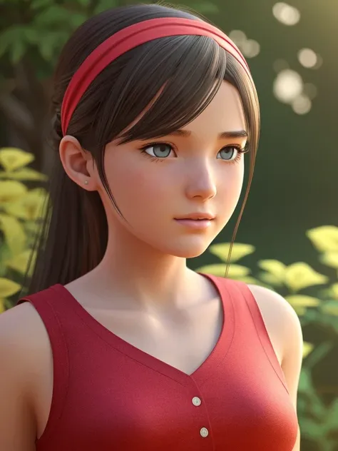 1girl, character_pokemon_may, bike shorts, red shirt, red bandana, realistic, hyperrealistic, masterpiece, highest quality, highly detailed, detailed face and eyes, official art, 8k 