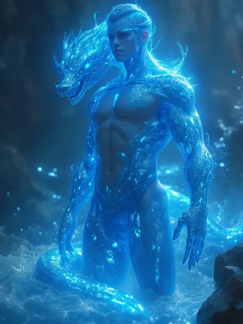 full shot of a man with a blue body, water elemental, water demon, male water elemental, luminous water elemental, iridescence water elemental, gorgeous shaped body, serpentine water monster, beautiful biomechanical djinn, water armor, snake man hybrid, so...