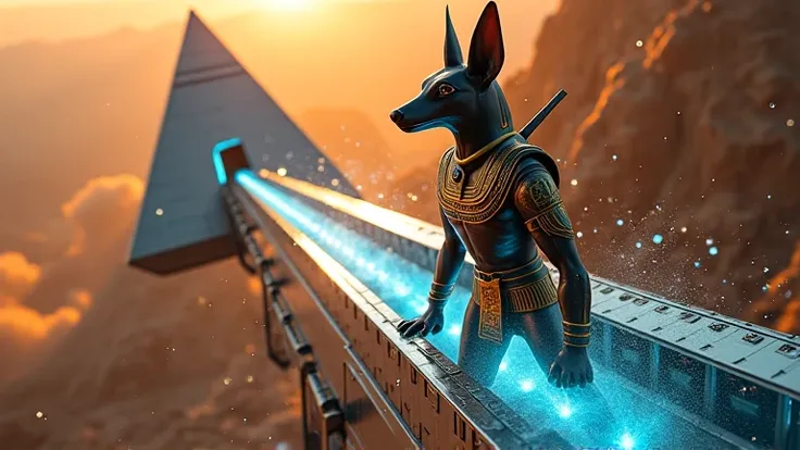 Close-up of the Egyptian god Anubis descending with grandeur from a colossal pyramid-shaped spaceship, made of shiny titanium that reflects the light of an alien sun.  Their imposing figure , wrapped in ceremonial armor with gold details and glowing ancien...