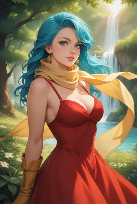  bulma, aqua blue hair, blue eyes,  yellow scarf wrapped around the neck,   red dress ,  yellow boots , trailers .