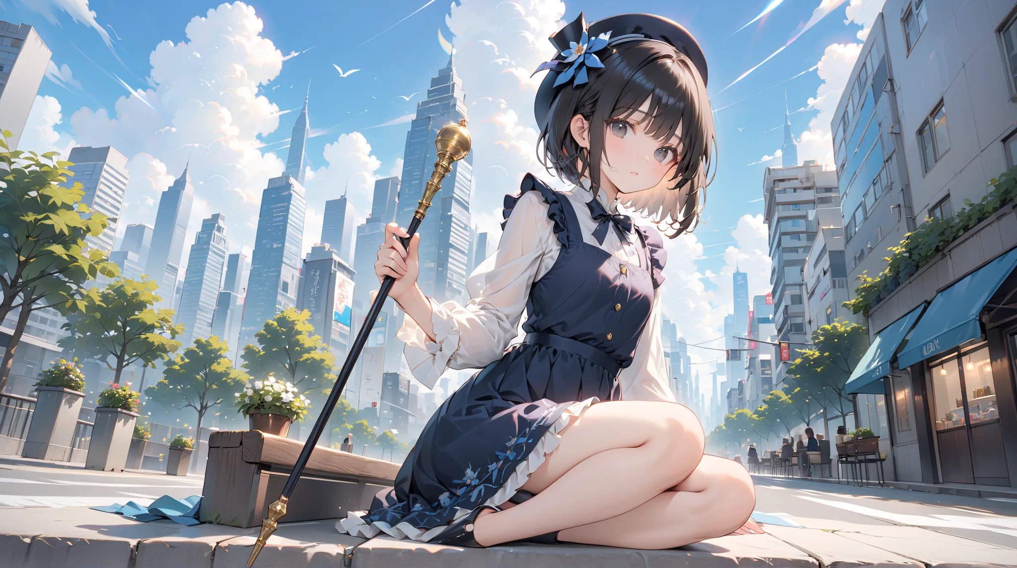 ( best quality ,  high resolution ,  Textured skin , high quality, high detail,  extremely detailed CG unity),One， age girl ， magic 少女，Black short hair，Black Eyes，Small hat，exhausted，fatigue，bend over，Hunchback，Holding a long magic wand，Walking stick ， mag...