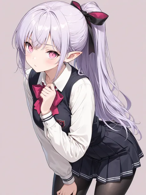 ((masterpiece, best quality, extremely detailed)), 1girl, light purple hair, long hair, ponytail, pink eyes, hair ribbon, vampire, school uniform, black pantyhose, looking at viewer, cowboy shot, no cropping, simple background,