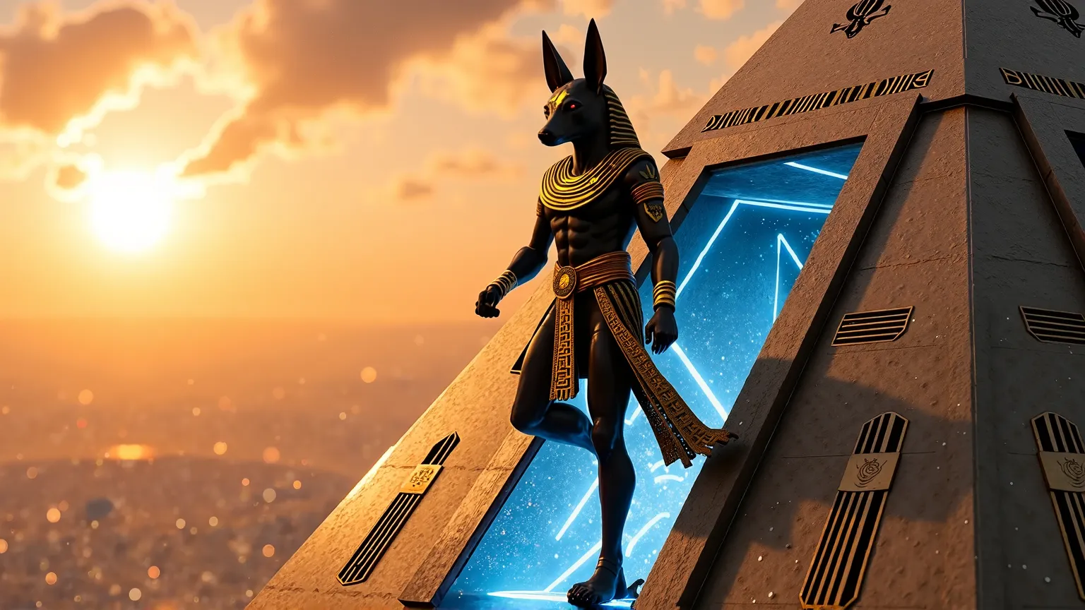 Close-up of the Egyptian god Anubis descending with grandeur from a colossal pyramid-shaped spaceship, made of shiny titanium that reflects the light of an alien sun.  Their imposing figure , wrapped in ceremonial armor with gold details and glowing ancien...