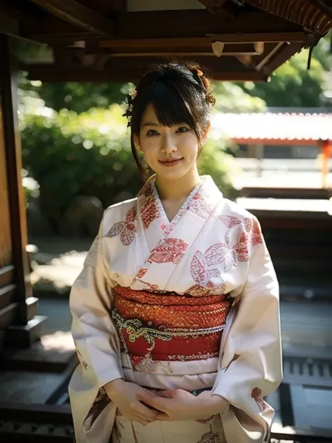 nsfw,one woman,kimono,posing,standing,cute face,smiling,hair bun,looking at viewer,shinto shrine,high quality,photorealistic,masterpiece,highly detailed,japanese