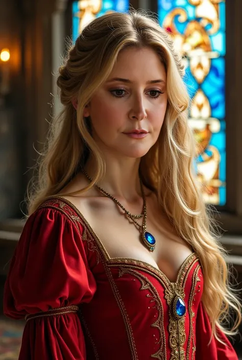 Detailed portrait of a stunning young medieval countess, with long golden blond hair that falls in soft waves over your shoulders.  Their eyes are deep and captivating blue , shining with intelligence and mystery.  His skin is pale and flawless , contrasti...