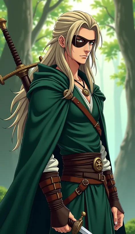  A mystical warrior with long hair ,   disheveled ash blonde hair  , amber eyes ,  He wore a leather patch over his left eye .,  He wears green leather clothing  , white,   Navy blue and brown    ,   a cape complemented by a leather harness surrounding his...