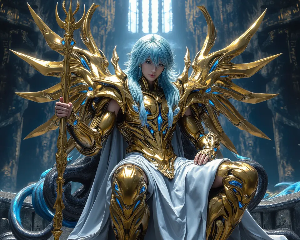  Saint Seiya; Poseidon,  god of the seas ; short, bluish hair; imposing appearance; Wearing Poseidon's divine armor, formed by golden scales with bluish details; Gold colors with blue details; holding a trident; Greek underwater temple of Poseidon, sitting...