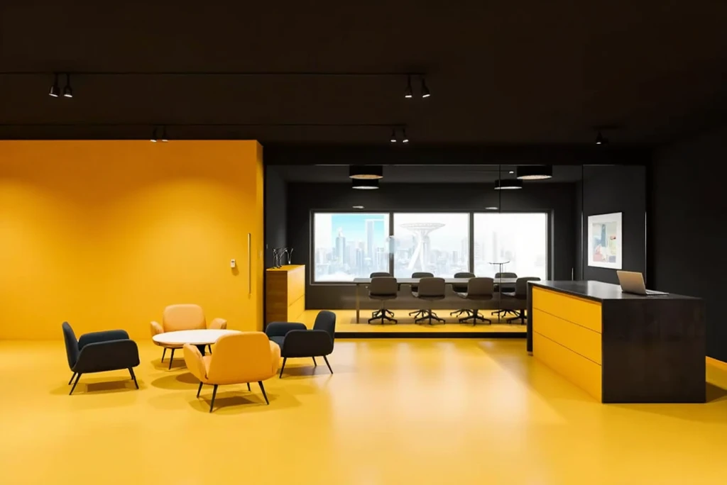 A luxurious office,  black and yellow, Realistic, Lente 50mm