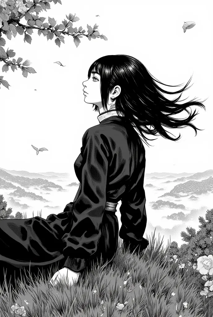 (  Create a manga cover for me  )

Billie Eilish is sitting , she is on top of a hill looking at the horizon , with a sad look, look serene, is sitting on a grass floor,  leaves flying with the wind ,  blue eyes , short black hair,  Nun's clothing,  hair f...