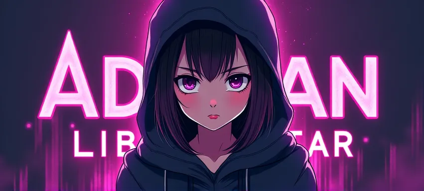 Create logo, a words Adrian Libratar, Purple, a woman girl with hood character anime, animation, aggressive