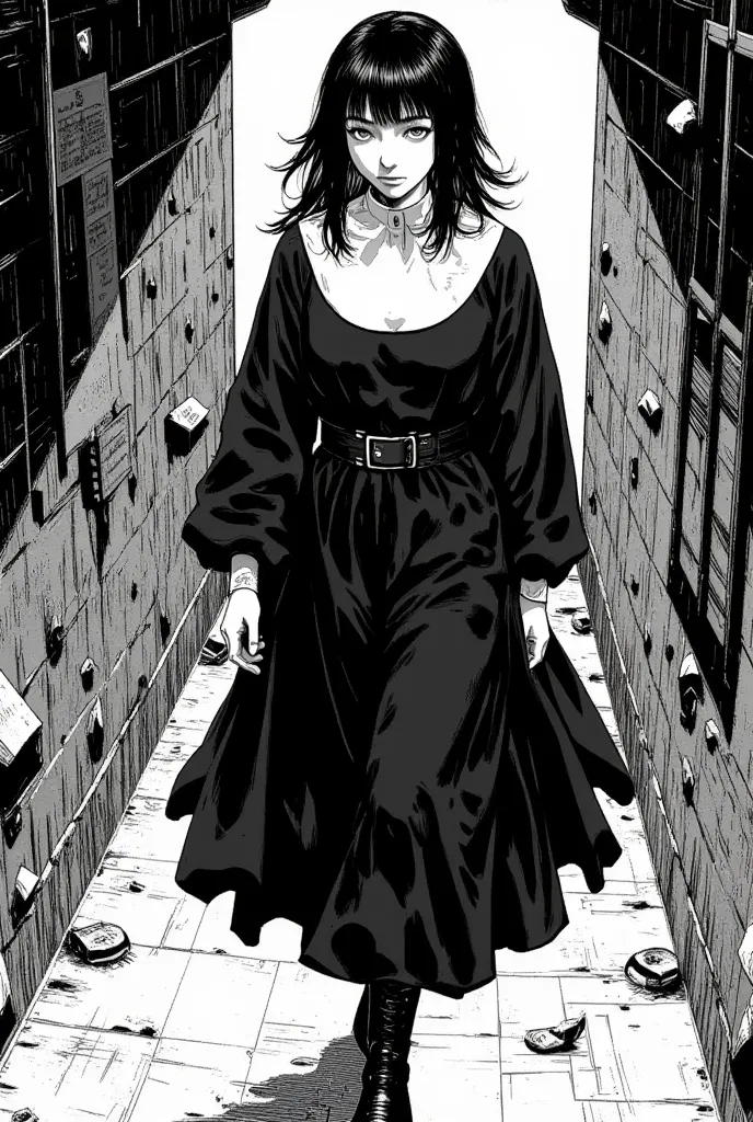 Billie Eilish is walking down a corridor, short black hair, is wearing nun clothes, ( black and white manga art style)