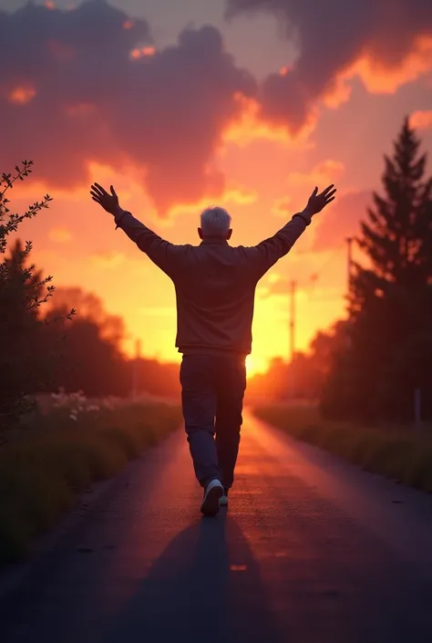 Remove the darkness from this photo. Put on a beautiful day's sky and sunset. Add the silhouette of a senior walking down the paved road contemplating nature with arms raised.  quality of life .