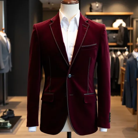 blazer/men 3pc suit hanging on the mannequin , have buttons, in maroon velvet color, with thin black piping work on the edges details, with proper showroom lighting 