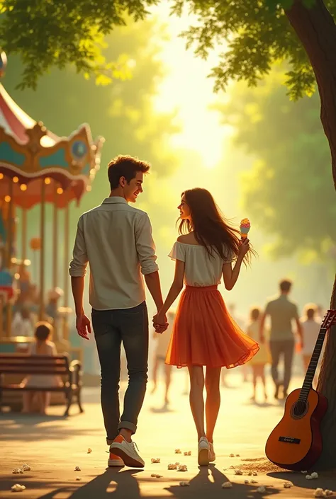 "A romantic and dreamy: a guy and a girl walk through the city park, holding hands. Their faces glow with happiness, and all around is a bright sunny day. In the background are carousels, trees with green foliage and passers-by, which are blurred , scene t...