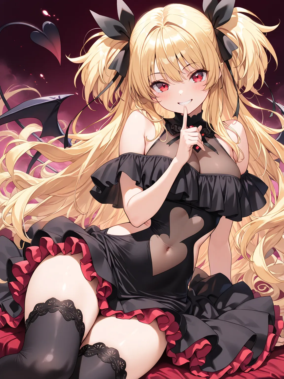 ((masterpiece, best quality, extremely detailed)), 1girl, blonde hair, long hair, red eyes, demon girl, fluffy, (magical girl, off-shoulder dress, sleeveless dress, navel cutout, see-through navel, side cutout, see-through cleavage, frills), black thighhig...