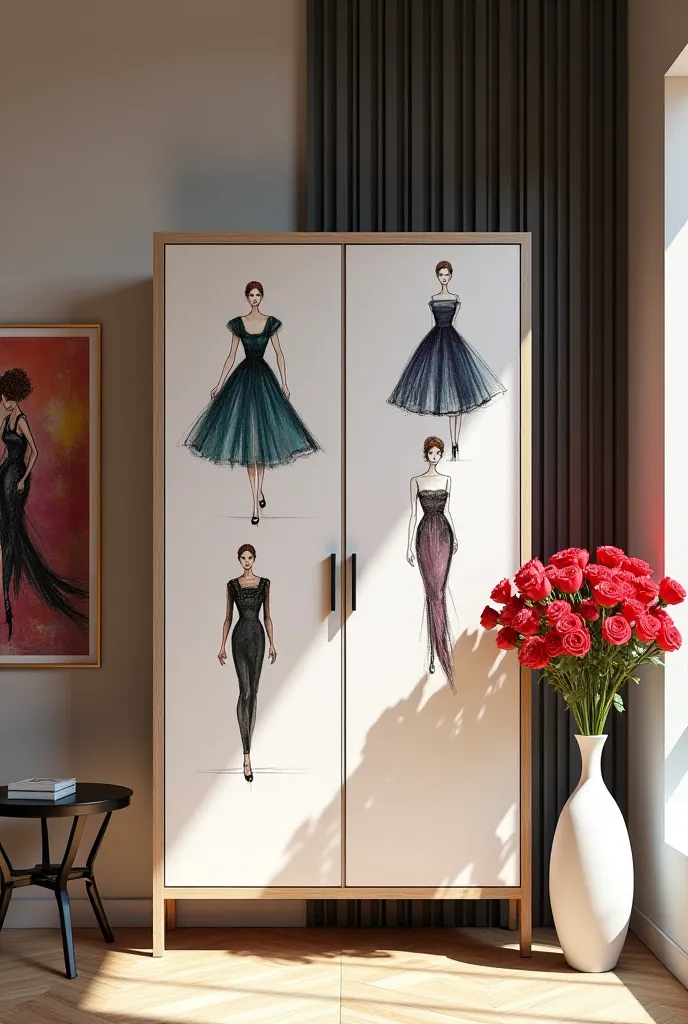 Minimalist cabinet, with lots of sketches of outfits on the wall, with impressionist paintings on the wall and with a large bookcase, bright red roses standing in a white vase on a table 