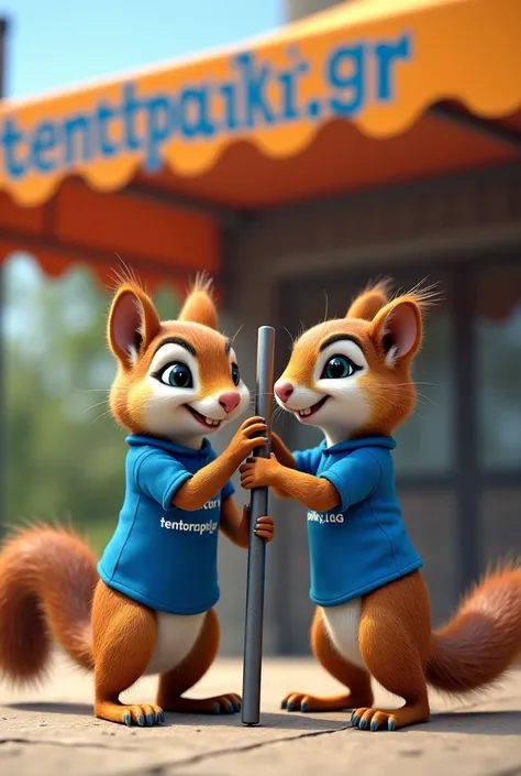 2 worker squirrels wearing blue shirts that write tentoraptiki.gr on them under an awning that has tentoraptiki.gr written on it Carrying a metal pole