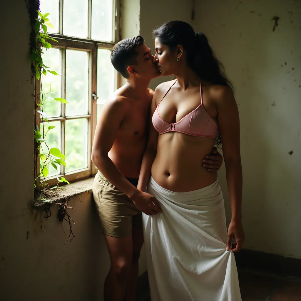 A age boy wearing shorts and a slim curvy tall 35 age south indian woman with large hanging breast wearing pale pink bra and a pale white long skirt exposing her deep cleavage, navel. She is leaning towards the wall. Boy kissing her chest and gently liftin...