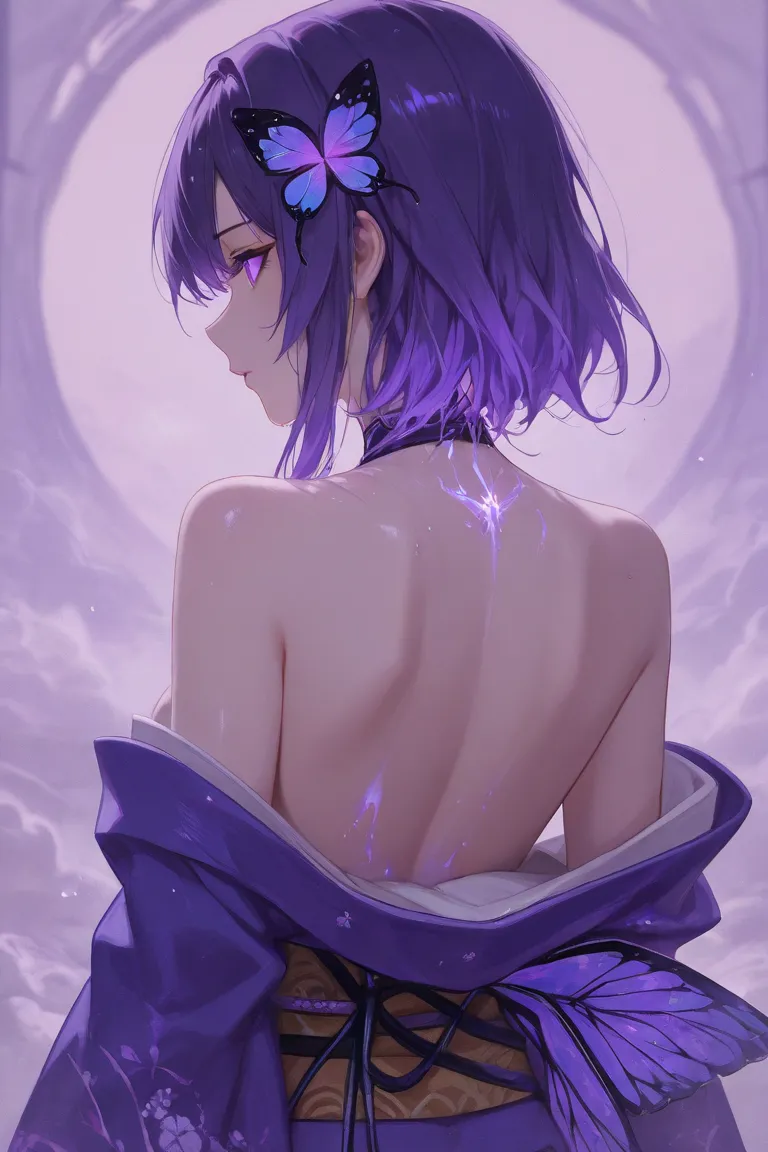 Long purple hair with butterfly tips, glowing indigo eyes, fair skin, big breasts, a haori with a butterfly wing design, purple and blue kimono, big ass, minimal makeup