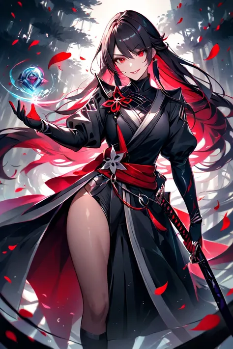 Create an image of a female samurai with short, sleek hair framing her fierce face. She has a wicked, villainous grin that reflects her cunning and confidence. Her striking red eyes glow with intensity, capturing a sense of danger.

Her outfit is a blend o...