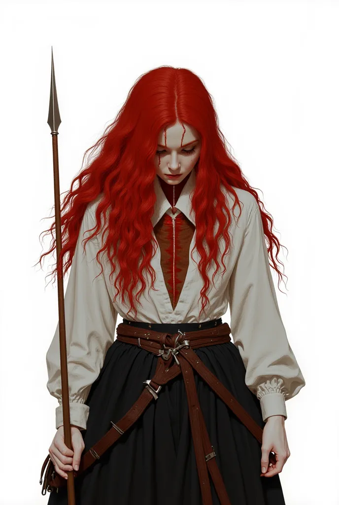  create a white woman ,  Big red hair , she has her back to the image with a small backpack on her back, she's holding a spear and a red aura is emanating from the spear, there's a vertical cut in her neck, black eyeliner, around her eyes are deep and blac...