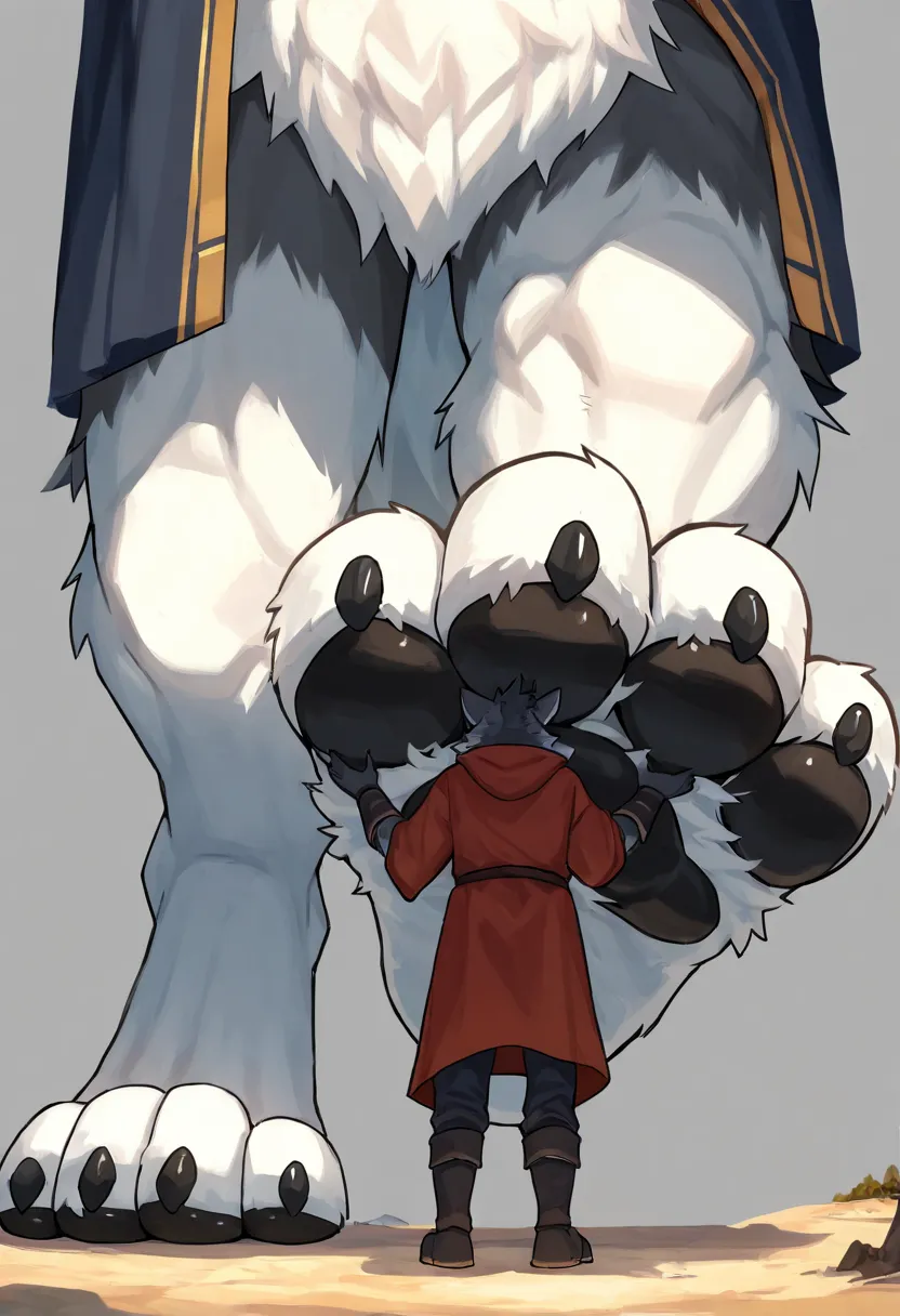 (macro size: 1.1), describe image of a giant wolf boy putting his foot on an adventurer, an adventurer looking at a closeup wolf foot, simple background, (2boys: 1.1) (height difference), (wolf foot paw closeup: 1.1) (femboy), (furry wolf boy: 1.1), robes,...