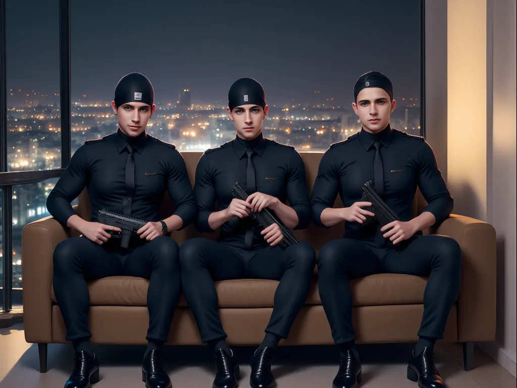 Generate an image featuring three men sitting on a couch, each holding an automatic weapon. They are dressed in full black attire: black balaclavas (sock-style), black dress shoes (polished), black pleated trousers, and black collared shirts. The backgroun...