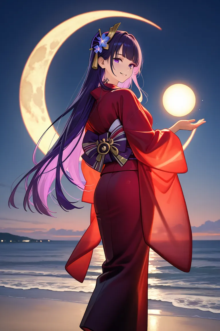 Genshin impact, Raiden Shogun,smile on her face, 1 girl, indoors, kimono, kimono miko, red kimono, beach, moon🌙, wedding, wife , Translucent fabric