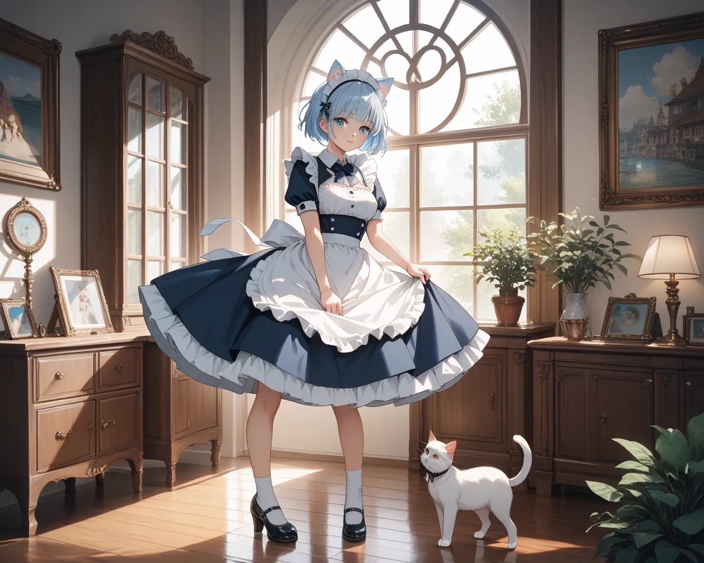 cat ear maid light blue bob hair　full body